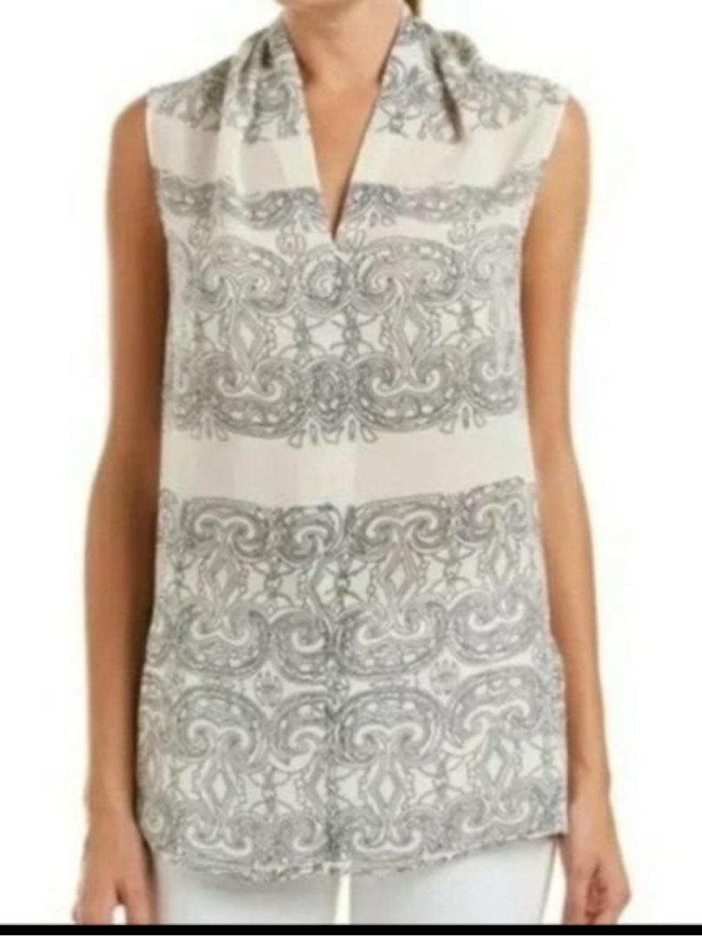 CAbi Cream and Black Sleeveless V-Neck Tunic